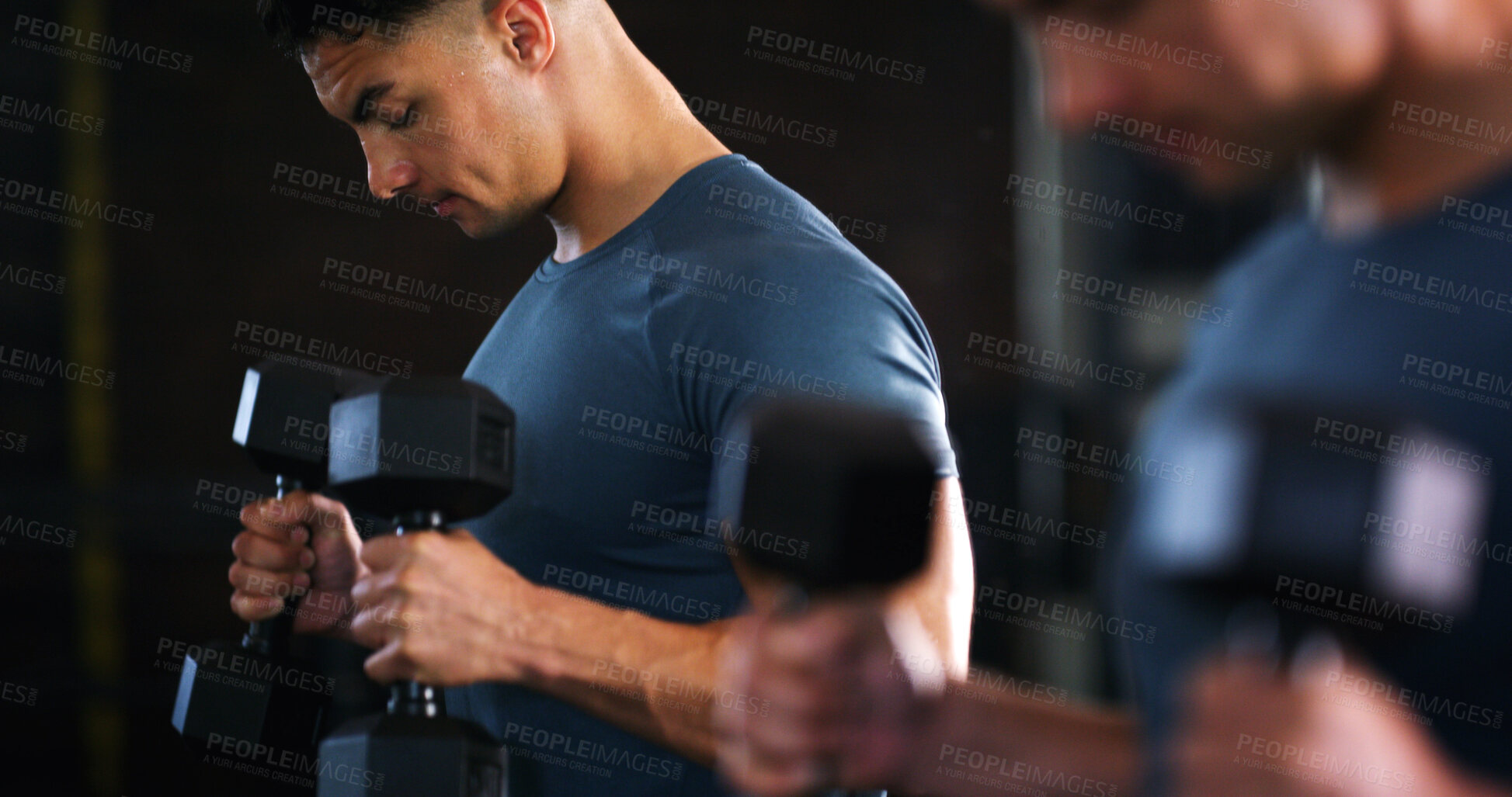 Buy stock photo Fitness, mirror and weightlifting with man in gym for routine, strength training or workout. Dumbbells, exercise and reflection with person in health club for activity, challenge or progress