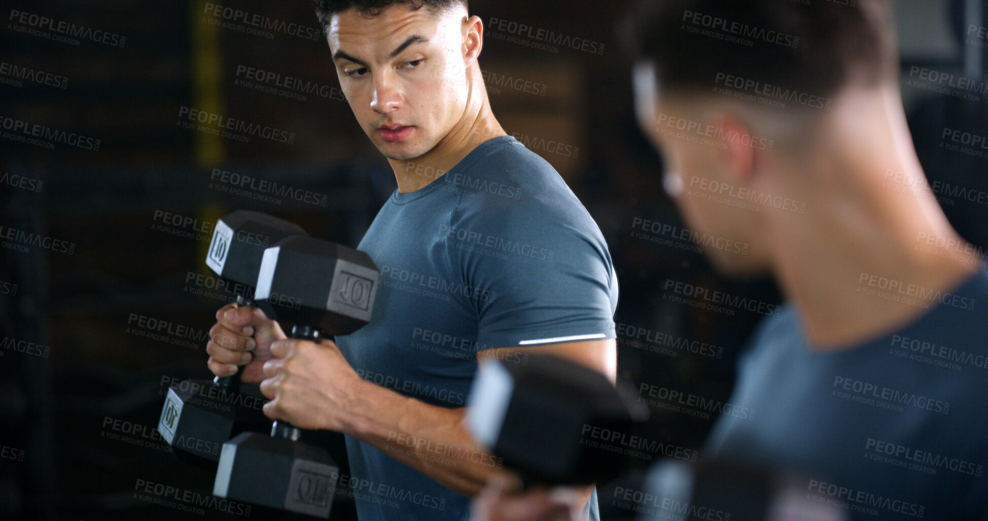 Buy stock photo Exercise, mirror and weightlifting with man in gym for routine, strength training or workout. Dumbbells, fitness and reflection with person in health club for activity, challenge or progress