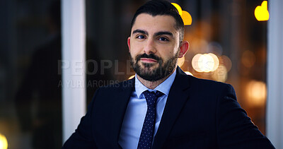 Buy stock photo Business, portrait and man at night in office for corporate attorney career, legal job or bokeh. Professional, labour law expert and male employee at workplace for deadline, overtime or working late