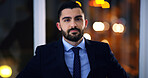 Attorney, portrait and man at night in office for corporate business career, legal job or bokeh. Professional, labour law expert and male employee at workplace for deadline, overtime or working late