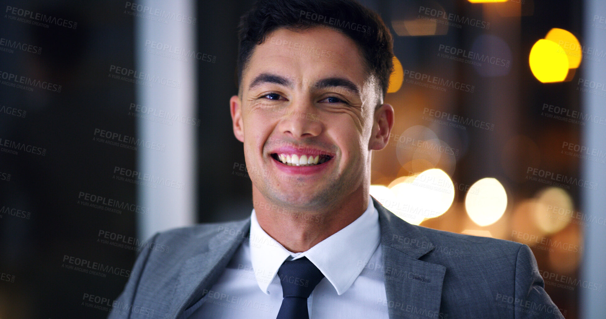 Buy stock photo Business, portrait and happy man at night in office as corporate attorney, legal job or bokeh. Professional, labour law expert and male employee at workplace for deadline, overtime or working late