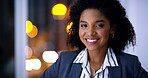 Business, night and smile with black woman in office for career ambition, development or finance job. Bokeh, dark and portrait with corporate employee in financial workplace for wealth management