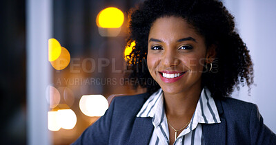 Buy stock photo Business, night and smile with black woman in office for career ambition, development or finance job. Bokeh, dark and portrait with corporate employee in financial workplace for wealth management