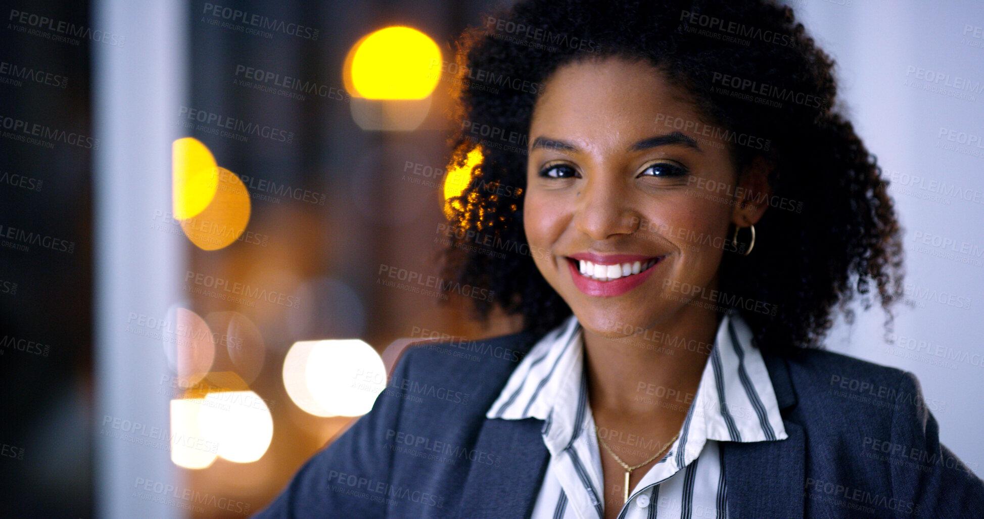Buy stock photo Business, night and smile with black woman in office for career ambition, development or finance job. Bokeh, dark and portrait with corporate employee in financial workplace for wealth management