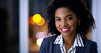 Business, portrait and smile of black woman in dark office for career ambition, development or finance job. Bokeh, late and night with corporate employee in financial workplace for wealth management