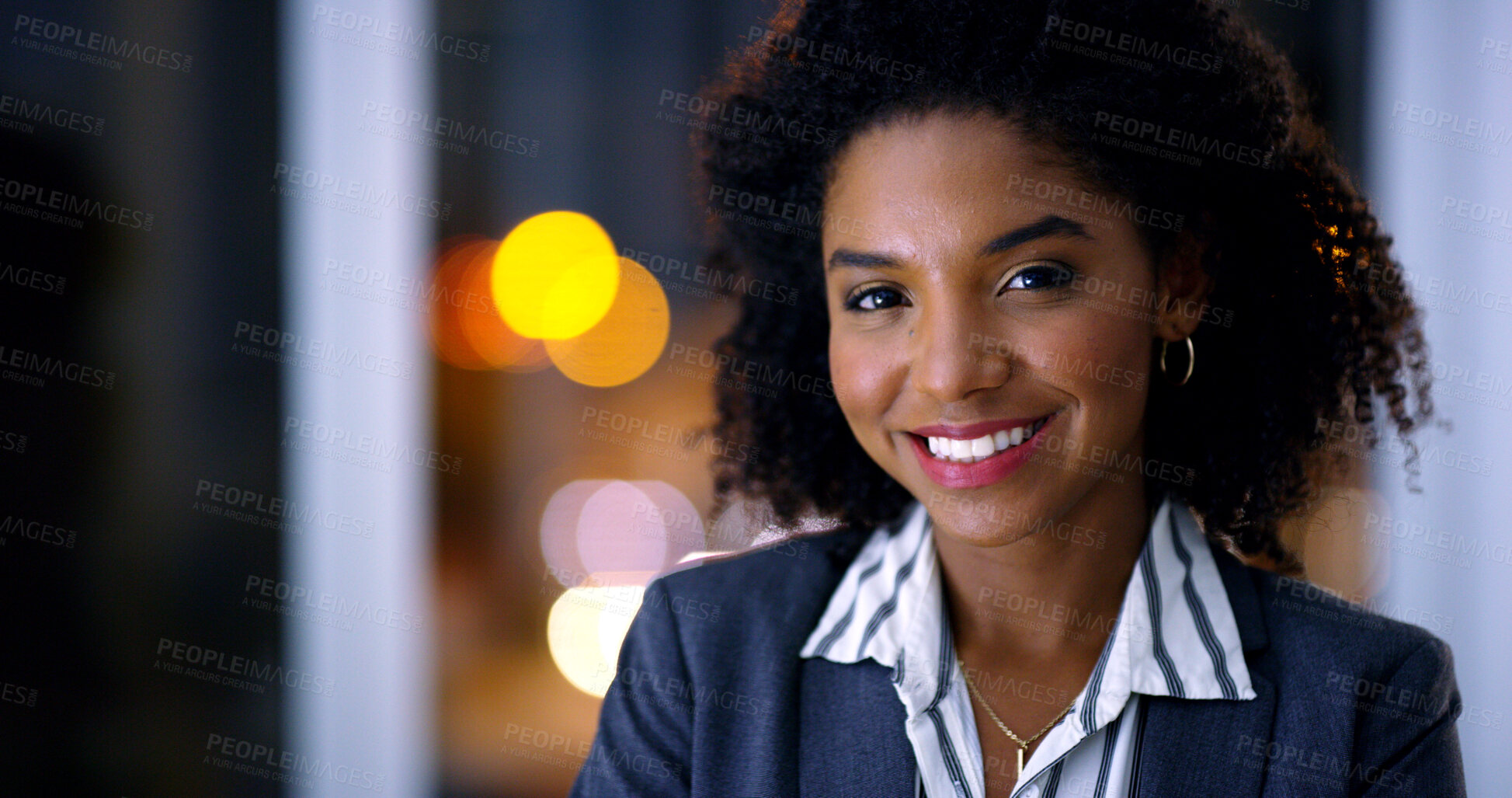 Buy stock photo Business, portrait and smile of black woman in dark office for career ambition, development or finance job. Bokeh, late and night with corporate employee in financial workplace for wealth management