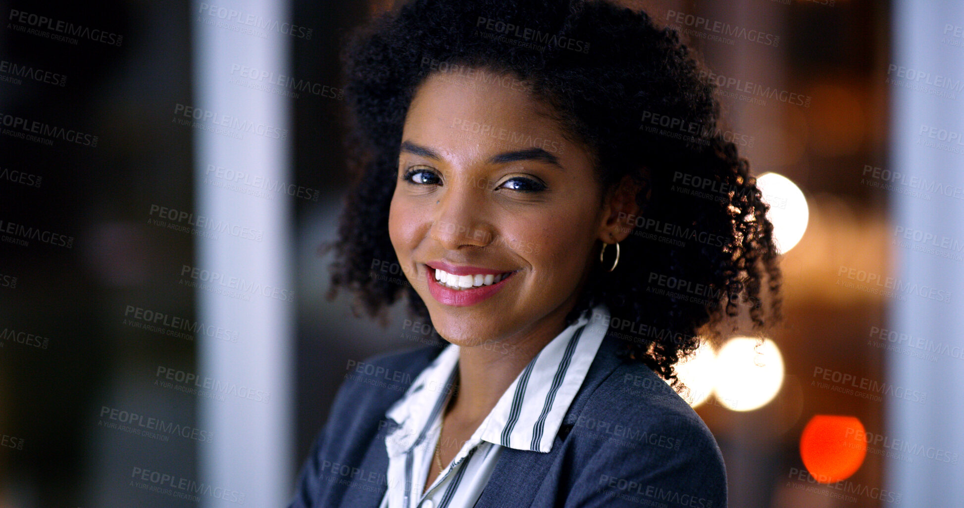 Buy stock photo Business, portrait and smile with woman in office at night for development or finance career. Bokeh, dark and space with happy employee in corporate or financial workplace for wealth management
