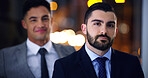 Business, night and portrait with man at work for career ambition, development or finance job. Bokeh, late and serious with corporate employee in financial office for collaboration or risk management