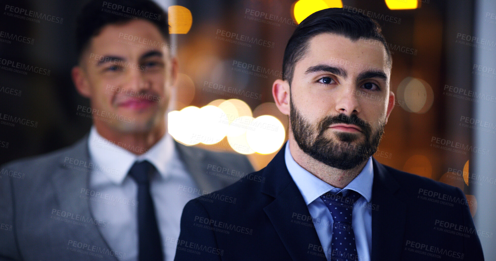Buy stock photo Business, night and portrait with man at work for career ambition, development or finance job. Bokeh, late and serious with corporate employee in financial office for collaboration or risk management