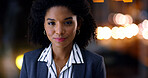 Business, portrait and serious with woman in office at night for development or finance career. Bokeh, late and professional with with confident employee in financial workplace for wealth management