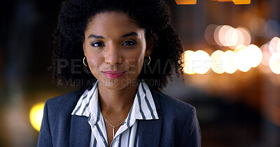 Buy stock photo Business, portrait and serious with black woman in office at night for development or finance career. Bokeh, late and professional with with employee in financial workplace for wealth management