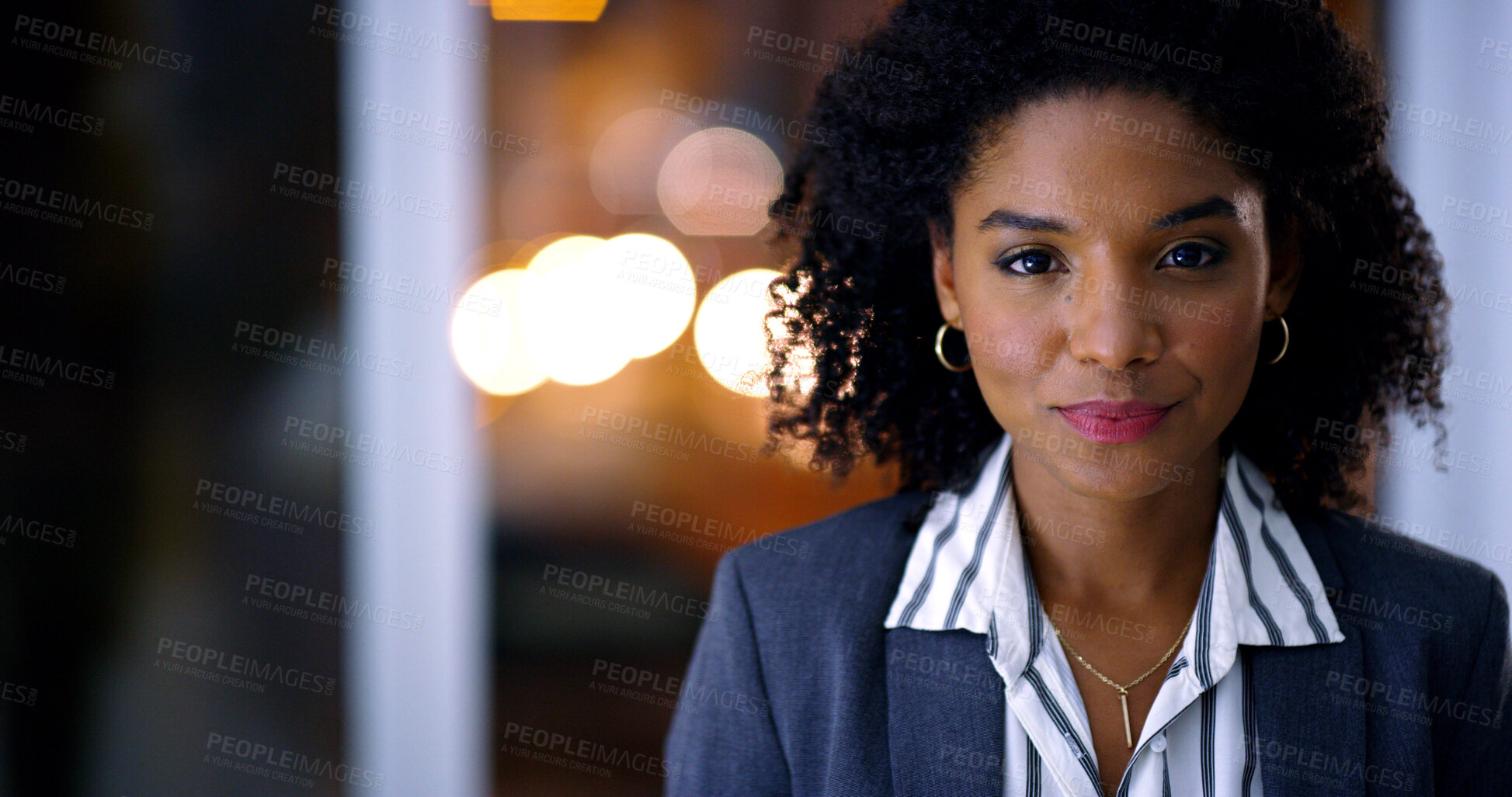 Buy stock photo Business, portrait and space with man in office at night for development or finance career. Bokeh, confidence and dark with serious employee in corporate or financial workplace for wealth management