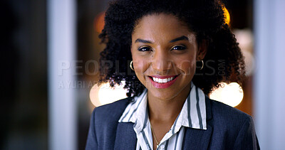 Buy stock photo Portrait, business and black woman in office at night for career pride, about us and lawyer. Smile, female attorney and ambition with bokeh, legal representative and working late for case preparation