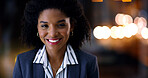 Smile, business and black woman in office at night for career pride, about us and lawyer. Portrait, female attorney and ambition with bokeh, legal representative and working late for case preparation