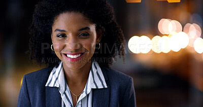Buy stock photo Smile, business and black woman in office at night for career pride, about us and lawyer. Portrait, female attorney and ambition with bokeh, legal representative and working late for case preparation