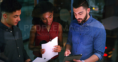 Buy stock photo Paperwork, tablet and business people in office for planning, insurance idea or insight at night. Document, tech and discussion with team on overtime, policy meeting or problem solving by window