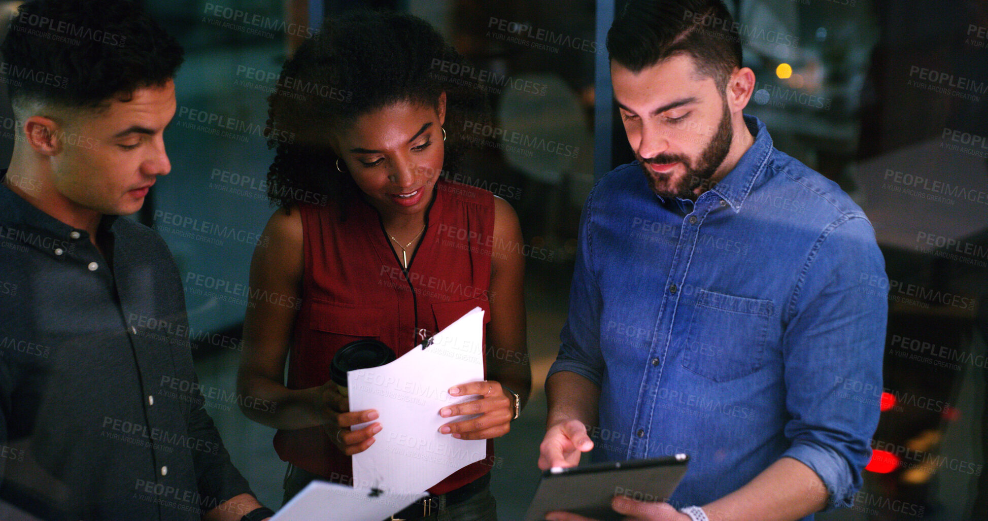 Buy stock photo Paperwork, tablet and business people in office for planning, insurance idea or insight at night. Document, tech and discussion with team on overtime, policy meeting or problem solving by window