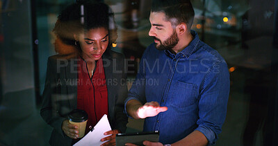 Buy stock photo Document, tablet and team in company for planning, insurance idea or insight at night by window. Paperwork, tech and discussion with business people on overtime, policy meeting or problem solving