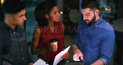 Buy stock photo Document, tablet and team in office for planning, insurance idea or insight at night by window. Paperwork, tech and discussion with business people on overtime, policy meeting or problem solving