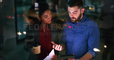 Buy stock photo Night, tablet and team in workplace for planning, insurance document and insight by window. Paperwork, tech and discussion with business people on overtime, policy meeting and problem solving