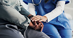Hands, nurse and comfort person in office for checkup, bad news and empathy for cancer diagnosis. Healthcare worker, consoling and patient for emotional support, medical feedback and terminal illness