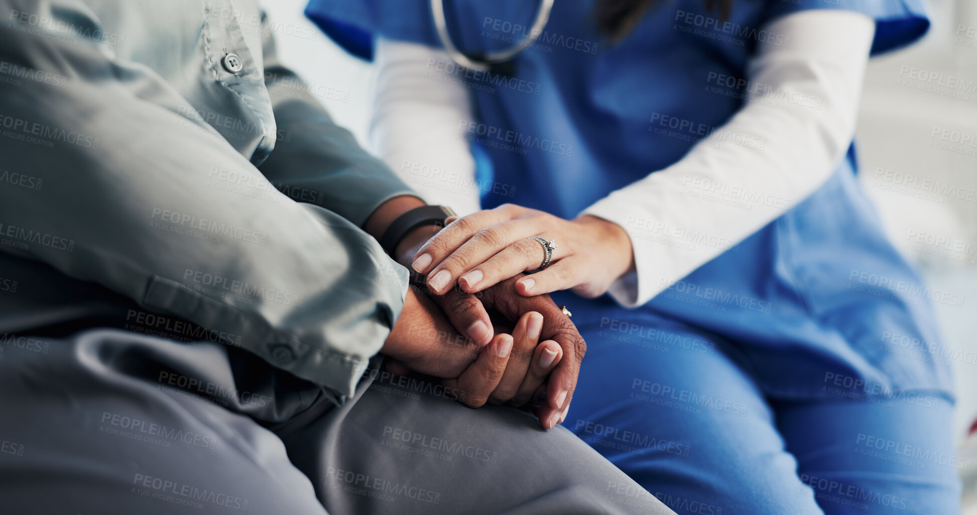 Buy stock photo Hands, nurse and comfort person in office for checkup, bad news and empathy for cancer diagnosis. Healthcare worker, consoling and patient for emotional support, medical feedback and terminal illness