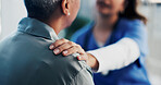 Hands, doctor and comfort woman in office for checkup, bad news and empathy for cancer diagnosis. Healthcare worker, consoling and person for emotional support, medical feedback and terminal illness
