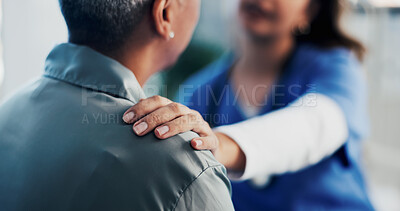 Buy stock photo Hands, doctor and comfort woman in office for checkup, bad news and empathy for cancer diagnosis. Healthcare worker, consoling and person for emotional support, medical feedback and terminal illness