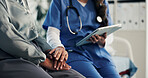 Hands, nurse and comfort person with tablet for checkup, bad news and empathy for medical results. Employee, digital or consoling patient for emotional support, healthcare report and terminal illness