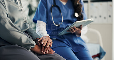 Buy stock photo Hands, nurse and comfort person with tablet for checkup, bad news and empathy for medical results. Employee, digital or consoling patient for emotional support, healthcare report and terminal illness