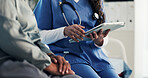 Patient, nurse and hands with tablet for telehealth, prescription or medical history in clinic. Woman, healthcare employee or caregiver with online report, digital tech and health tips or research