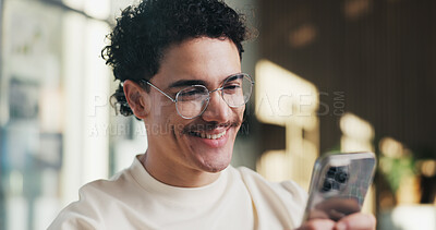 Buy stock photo Creative, man and happy with phone in office for email notification, good news or campaign approval. Digital marketer, person or smile with mobile app for positive review, monitor ads or text message