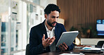 Man, confused and update in office with tablet for guest list, review and problem solving. Event planner, reservation and person with tech for vendor management, issue or mistake for venue booking
