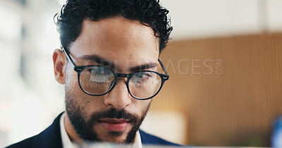Buy stock photo Man, glasses and reading in office with laptop for guest list, review or schedule feedback. Event planner, reservation and person with tech for vendor management, project or agency for venue booking