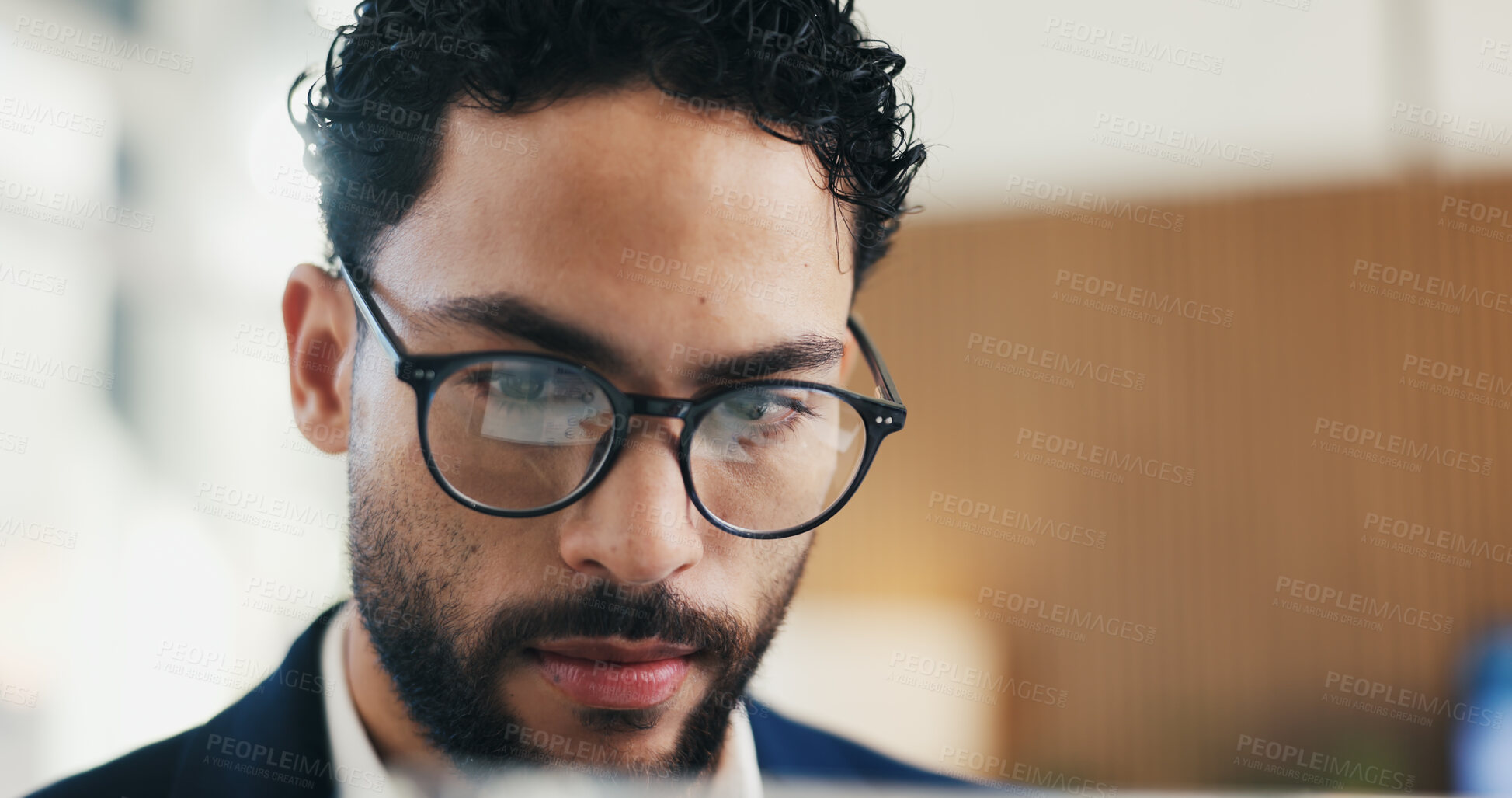 Buy stock photo Man, glasses and reading in office with laptop for guest list, review or schedule feedback. Event planner, reservation and person with tech for vendor management, project or agency for venue booking