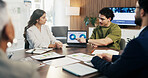 Screen, graphs and business people in meeting on laptop for finance review, feedback and revenue. Office, team and workers with documents, chart and research for financial analysis, profit and growth