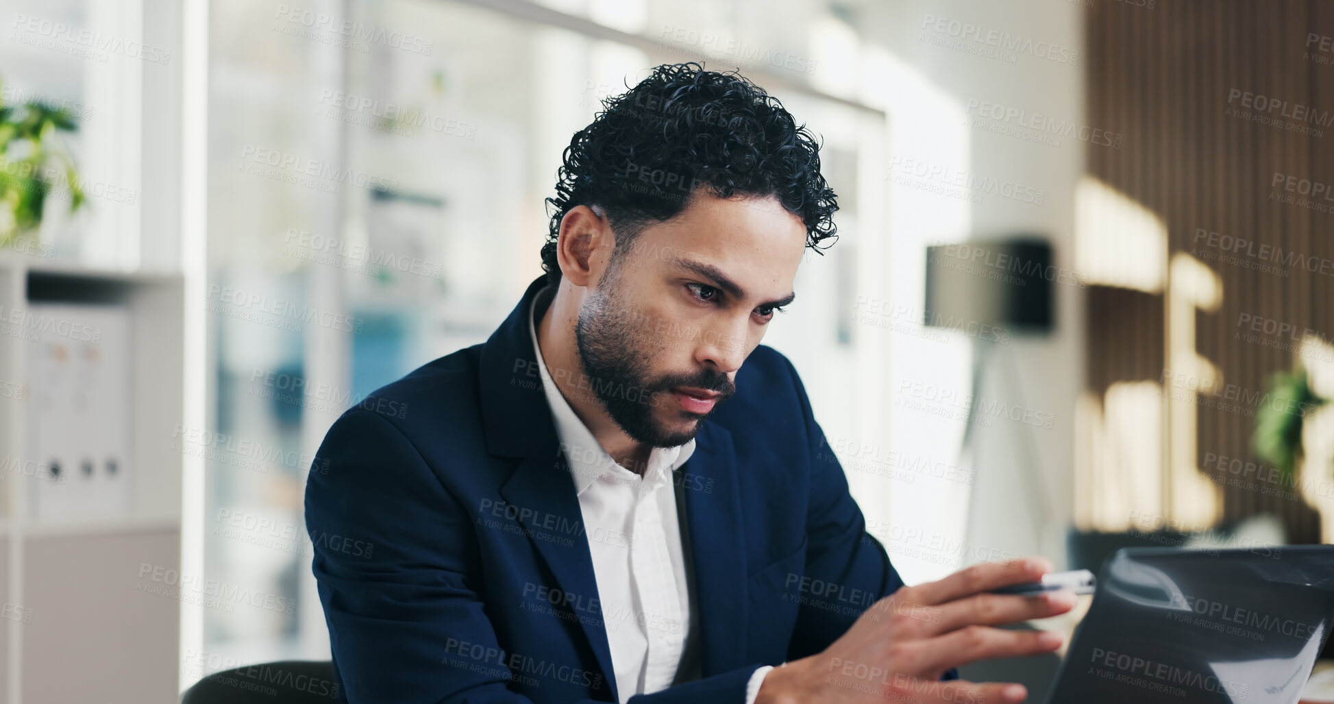 Buy stock photo Man, reading and update in office with tablet for guest list, review and problem solving. Event planner, reservation and person with tech for vendor management, agenda or feedback for venue booking