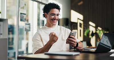 Buy stock photo Phone call, happy and man with fist pump in office for business deal, win or achievement. Excited, celebration and software sales representative with good news, client feedback or mobile discussion