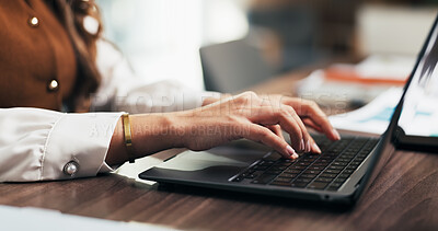 Buy stock photo Hands, typing and employee with laptop in business, online or data entry for financial report on web. Office, actuary and person with tech for investment update, risk assessment and budget analysis