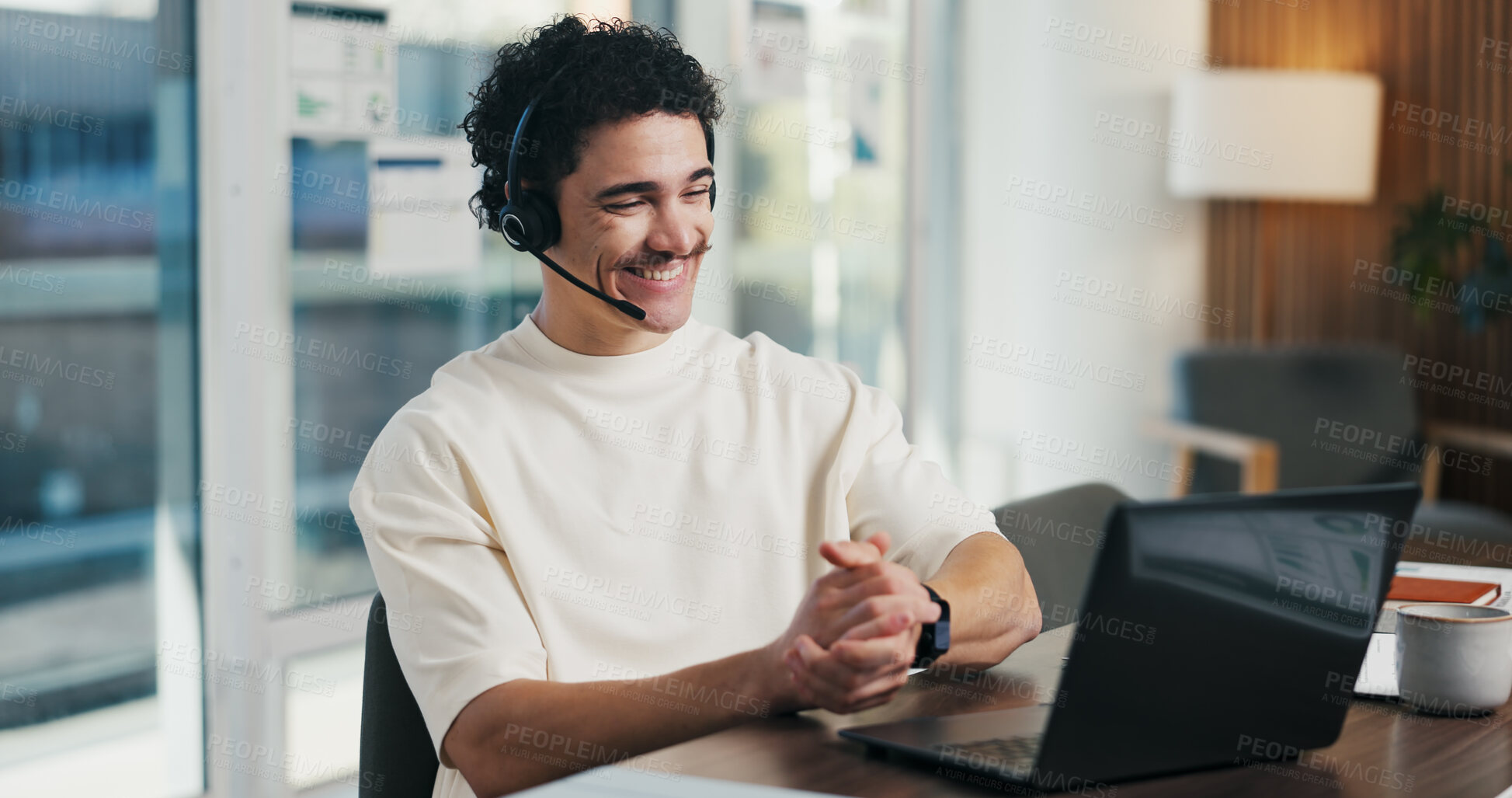 Buy stock photo Excited, business and man with laptop at call centre for good news, finance support and sales goals. Smile, agent and headset with pc for positive feedback, financial achievement and funding approval
