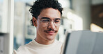 Man, reading and update in office with tablet for guest list, review and problem solving. Event planner, reservation and person with tech for vendor management, schedule or agenda for venue booking