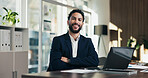 Happy man, arms crossed and portrait at office with documents, laptop and pride at finance company. Person, advisor and broker with confidence, smile and asset management job at agency in Mexico