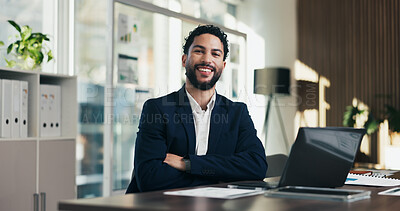 Buy stock photo Happy man, arms crossed and portrait at office with documents, laptop and pride at finance company. Person, advisor and broker with confidence, smile and asset management job at agency in Mexico