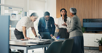 Buy stock photo Meeting, finance and business people in office with documents for financial review, feedback and profit. Planning, teamwork and workers with graphs, discussion and research for analysis or growth