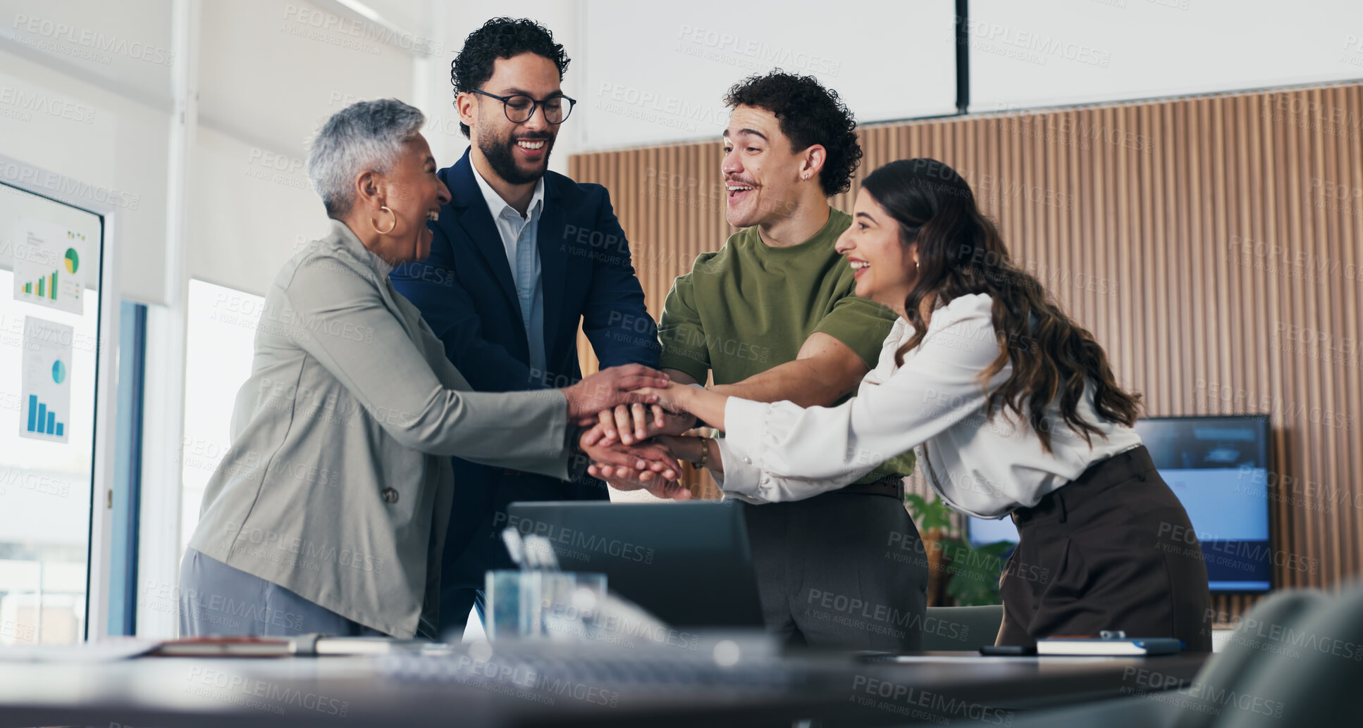 Buy stock photo Business people, hands together and success at office, support and goals at finance company. Group, team and happy with celebration, motivation and excited for announcement at investment agency