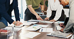Hands, team and paperwork at office meeting with graphs, review and tech for insight at finance company. Business people, group and documents with charts, admin and feedback at investment agency