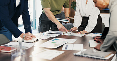 Buy stock photo Hands, team and paperwork at office meeting with graphs, review and tech for insight at finance company. Business people, group and documents with charts, admin and feedback at investment agency