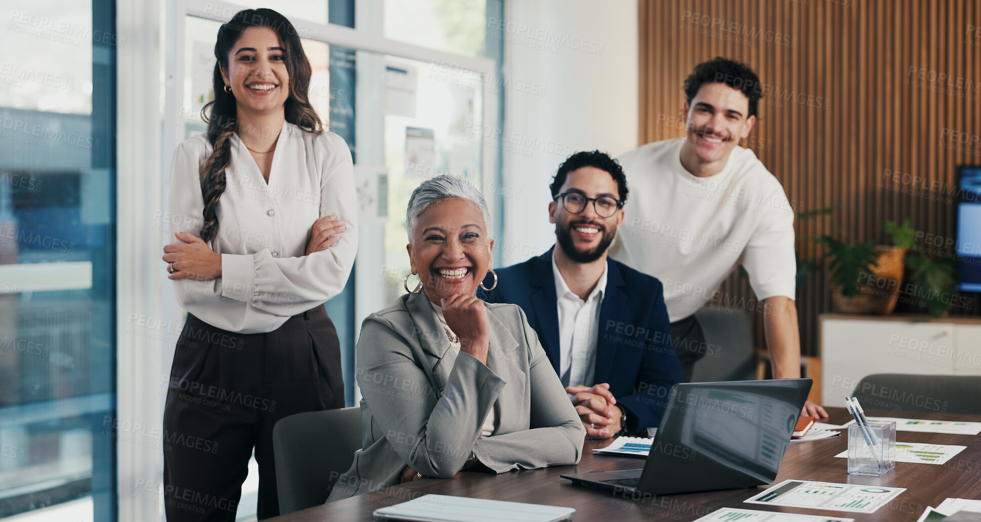 Buy stock photo Happy, team and portrait of business people in boardroom for finance agency, investment and about us. Corporate, manager and workers with pride for financial company, collaboration and consultancy