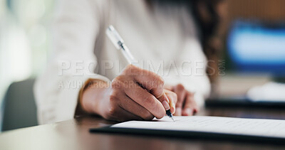 Buy stock photo Woman, hands and lawyer writing with contract for legal agreement, signature or testimony in office. Female person, attorney or signing with paperwork, policy or form for private legislation or lease