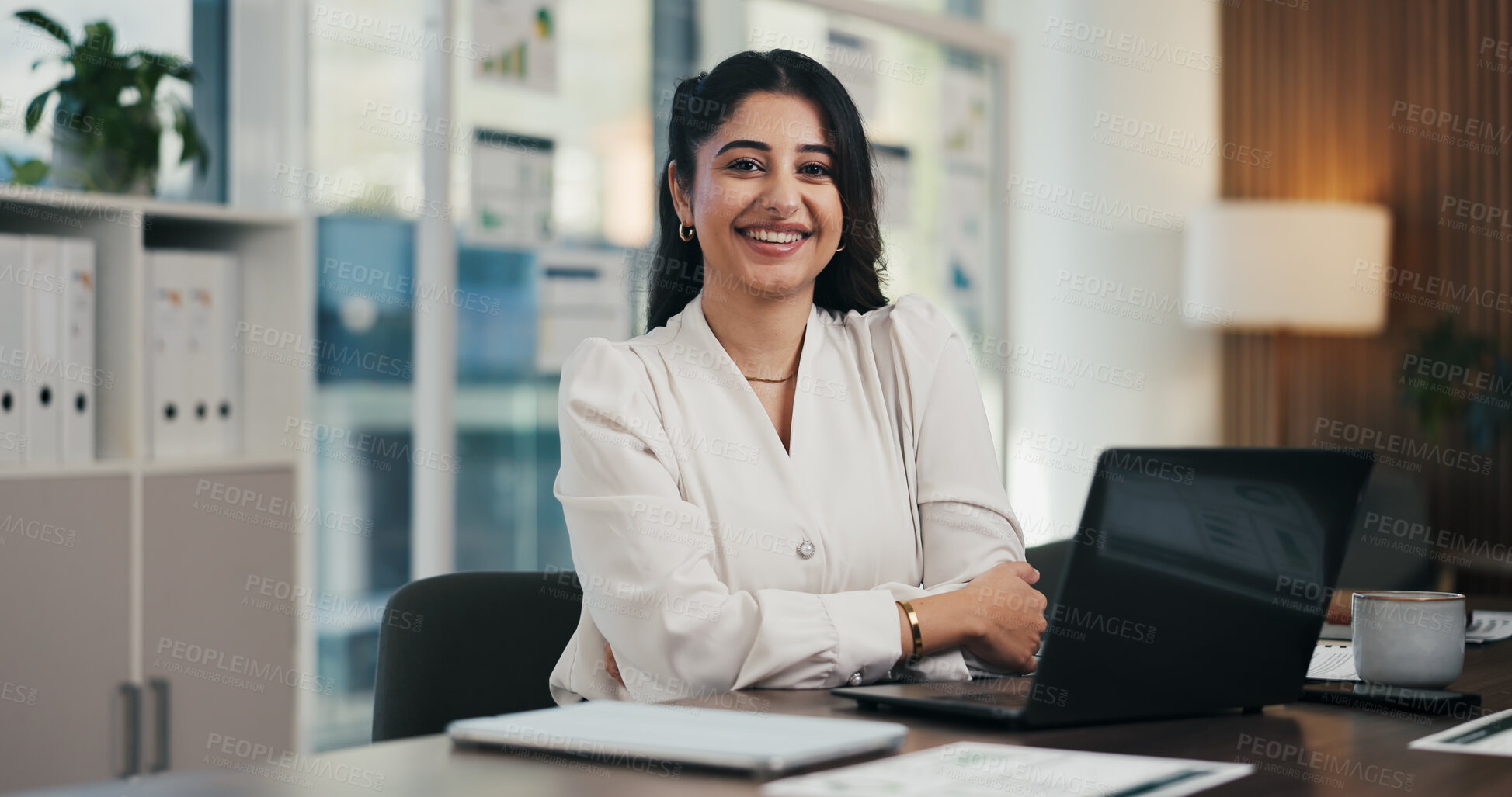 Buy stock photo Portrait, arms crossed and woman with laptop in business, accountant and confident for career growth. Ambitious, happy person and tax preparation with technology, online and job opportunity in India